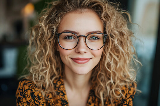 Stylish, confident blonde businesswoman with glasses, smiling and looking at the camera