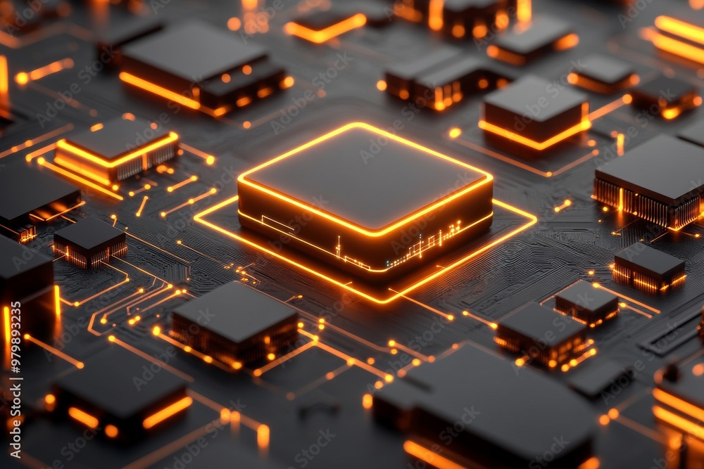 Poster golden microchip surrounded by neural pathways representing artificial intelligence advanced computi