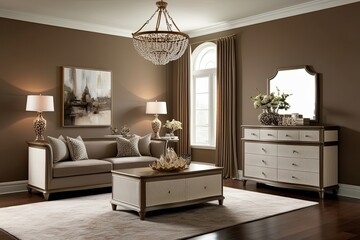 Luxurious Living Room with Elegant Dresser and Warm Taupe Walls and Decorative Accents