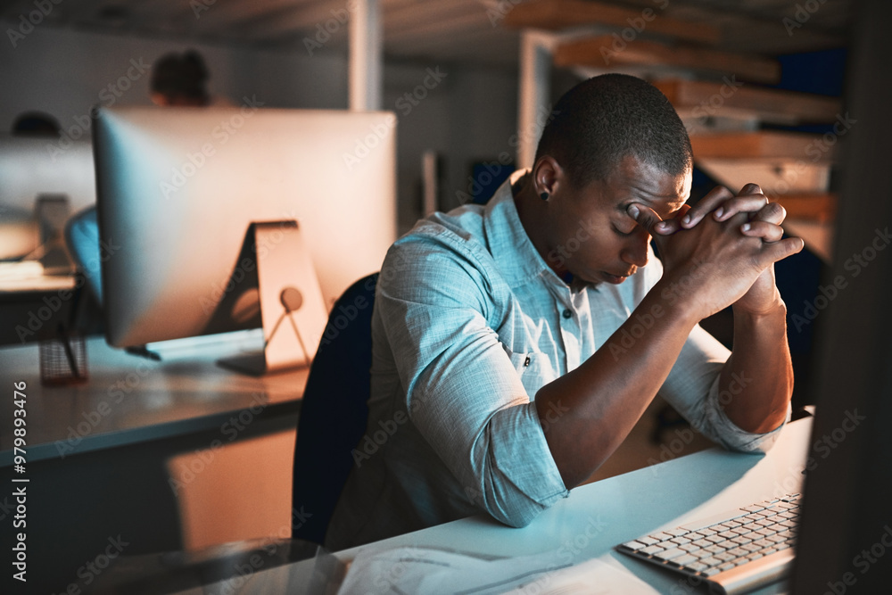 Aufkleber tired, stress and black man in office at night with deadline for software development update. exhaus
