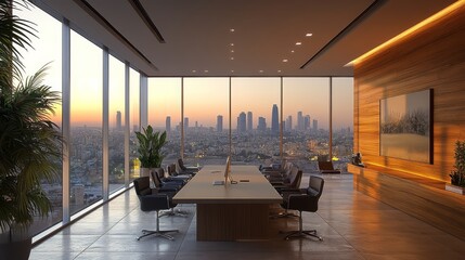 Modern Israeli high-tech office interior featuring minimalist design, abundant natural light, and stunning city views during sunset