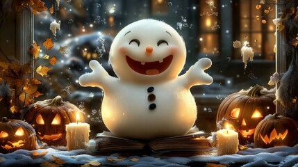 Obraz premium Cheerful snowman sits on a book, surrounded by lit pumpkins and candles on a snowy halloween night, creating a warm and cozy scene perfect for celebrating the holiday season
