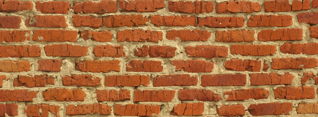 Panoramic background of an old scratched red brick wall. Close up.