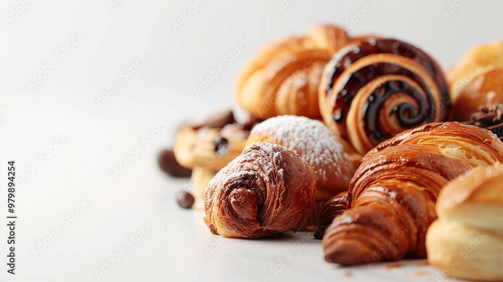 Poster freshly made bakery pastries on white background with space for text vertical image with selective f
