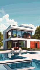 Fototapeta premium Modern Autonomous House with Solar Panels and Smart Home System in Suburban Environment