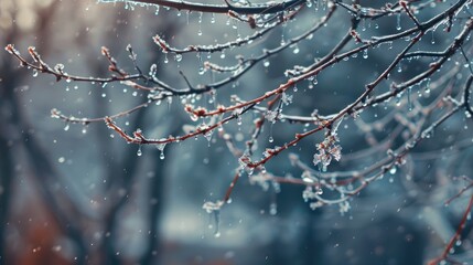 Frosty tree branch with water droplets in chilly weather