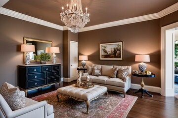 Luxurious Living Room with Elegant Dresser and Decorative Accents in Warm Taupe Walls