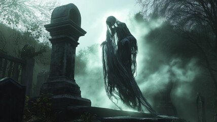 Ghostly Apparition of a ghostly figure emerging from a misty graveyard with tattered clothes and a glowing, ethereal aura surrounding it