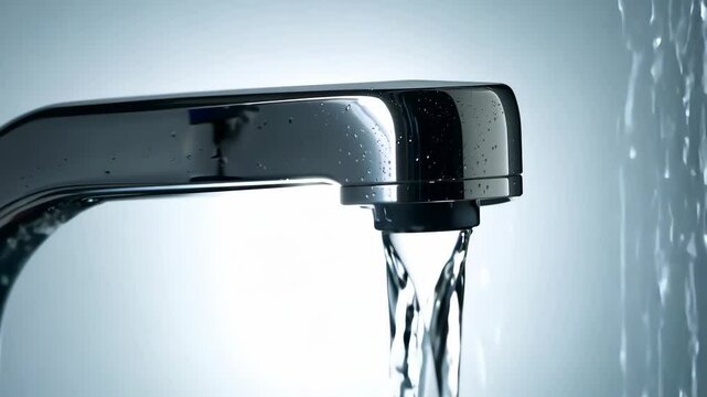 A chrome faucet with a steady stream of water, illuminated by soft light with soft shadows.