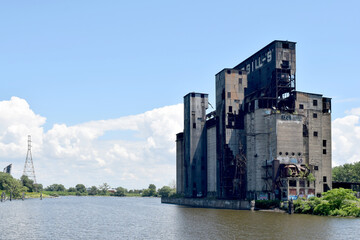 Historic Vintage Industrial Grain Elevator Building Factory fro Shipping on Waterfront Canal in Buffalo, NY