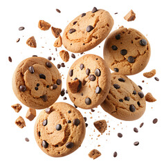 Freshly baked chocolate chip cookies scattered with pieces, perfect for dessert or snack time, showcasing delicious homemade treats.