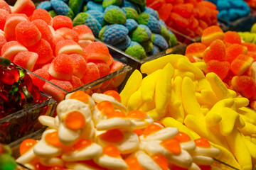 Various bright colors and taste candy assortment at market in Barcelona, Spain, sweets shop