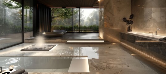 Luxurious Modern Bathroom with Marble Floors and Warm Steam, Perfect for Relaxation and Comfort