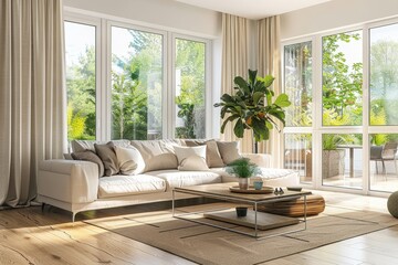 Modern Sustainable Living Room with LED Lighting and Large Windows for Natural Light