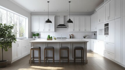 Modern white kitchen featuring shaker style cabinets and stone countertops