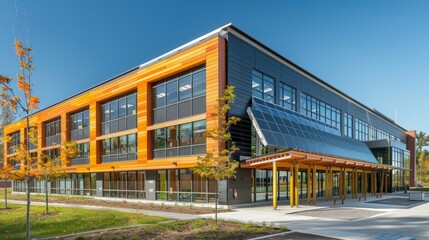 Obraz premium Modern Sustainable School Building with Solar Panels and Energy Efficient Design for Eco-friendly Education