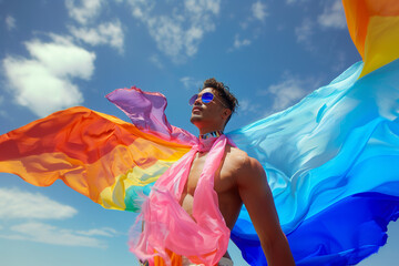 young man with bare torso carries lgtb flag waving in the wind, lgtbq+, pride day, close-up, horizontal, sunglasses,