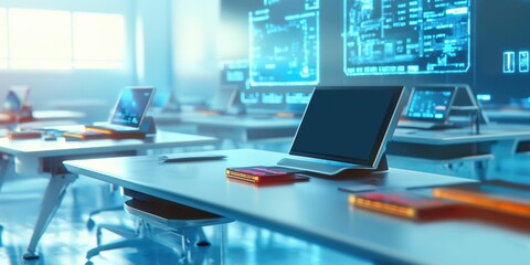 Futuristic empty classroom with holographic blackboards and virtual reality learning experience