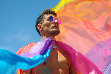 young man with bare torso carries lgtb flag in a parade through the city, lgtbq+, pride day, close-up, horizontal, sunglasses,
