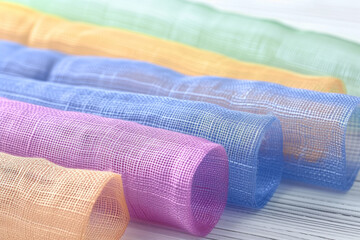 samples of delicate fabrics in different colors, pastel colors,
