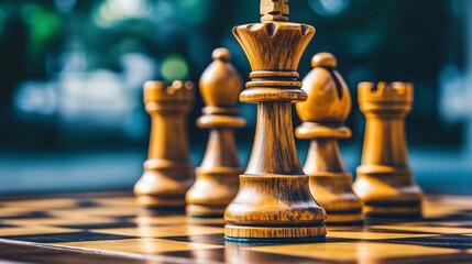 Fototapeta premium Wooden chess queen standing with other pieces on chessboard