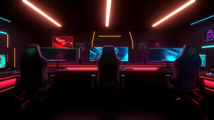 Empty futuristic neon lit gaming room setup for esports tournament