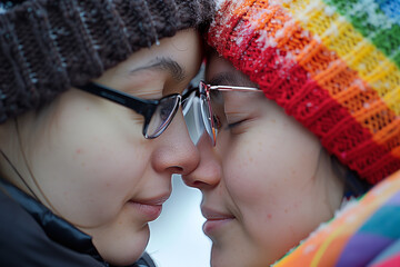 two young women put their heads together as a sign of love, wool hat with rainbow colors, lgtbq+, lgtb, pride day,