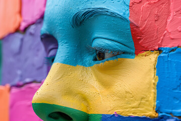 close-up of a person's face painted in bright colors next to a wall that follows the same paint and color pattern, horizontal, eyes, nose, eyebrows, colorful, horizontal