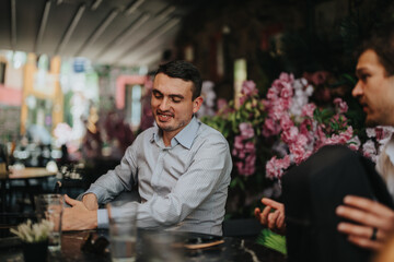Two men engage in a casual business conversation at an outdoor cafe surrounded by vibrant flowers. The setting exudes a relaxed and friendly atmosphere.