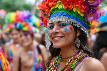 young woman looking at camera in multicolor clothing in a parade through the city, pride day, lgtbq+, lgtb, horizontal,