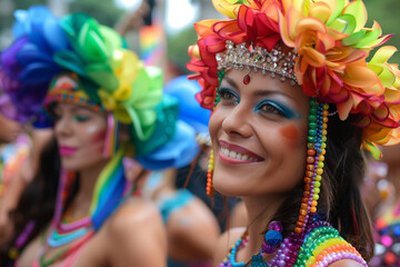 young woman on the right of the image facing left in multicolored clothing at a parade in the city, pride day, lgtbq+, lgtb, horizontal,