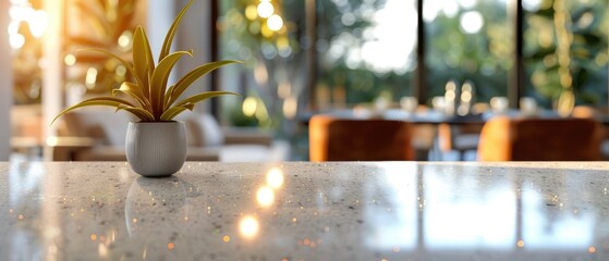 Modern kitchen with sleek countertops, potted plant, and sunlit dining area. Ideal for home decor, interior design, and real estate content.