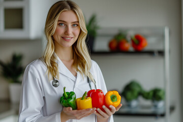 Female dietician in a white coat holding colorful bell peppers.
