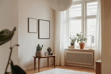 Blank frame mockups in nordic contemporary scandinavian living room interior. Empty template of two posters mock up din A ratio, home interior in beige tones, wooden tables, white wall background