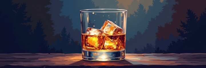 A close-up of a whiskey glass filled with ice, set against a serene forest background, perfect for branding, website visuals, or promotional materials related to beverages.