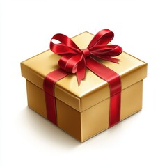 Obraz premium A beautifully wrapped golden gift box with a red ribbon. Perfect for celebrations, birthdays, and special occasions, white background