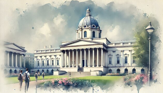 A watercolor painting of UCL, showcasing its neoclassical architecture with a grand dome, columns, and green lawns.