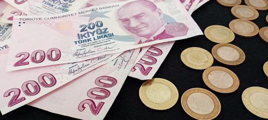 Background of Turkish lira. Turkish money. 50, 100 and 200 tl notes. Banner for website, desktop...