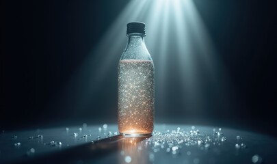 A captivating glass bottle filled with shimmering liquid, illuminated by soft light beams, ideal for branding, lifestyle, or product advertising in the beverage industry.
