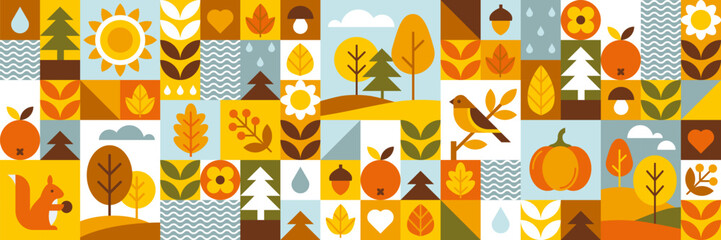 Abstract natural geometric design. Autumn forest, trees, leaves, berries, bird, squirrel, pumpkin, fruits and berries. Set of icons in simple flat style. Seamless pattern. Vector illustration.