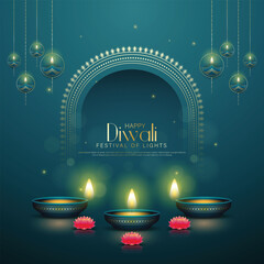 Happy Diwali - festival of lights colorful poster template design with decorative diya lamp © Soumen