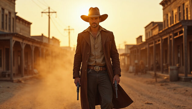 Rugged Wild West gunslinger in a dusty frontier town, with sunset casting a dramatic glow and a tense, cinematic atmosphere.






