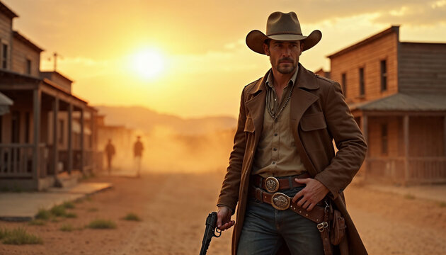 Rugged Wild West gunslinger in a dusty frontier town, with sunset casting a dramatic glow and a tense, cinematic atmosphere.







