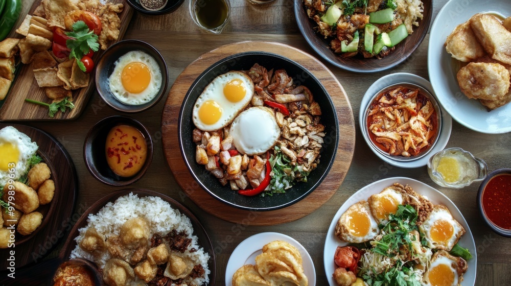 Poster An overhead view of a breakfast spread featuring with a focus on the small pan and its delicious contents, surrounded by additional Thai breakfast dishes