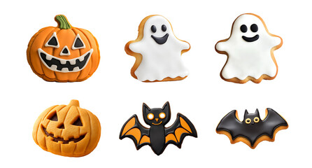 Fototapeta premium Collection set of Halloween candy cookies decorated with delicious ghost, bat, vampire, and pumpkin with jack-o’-lantern face, Isolated on Transparent Background, PNG