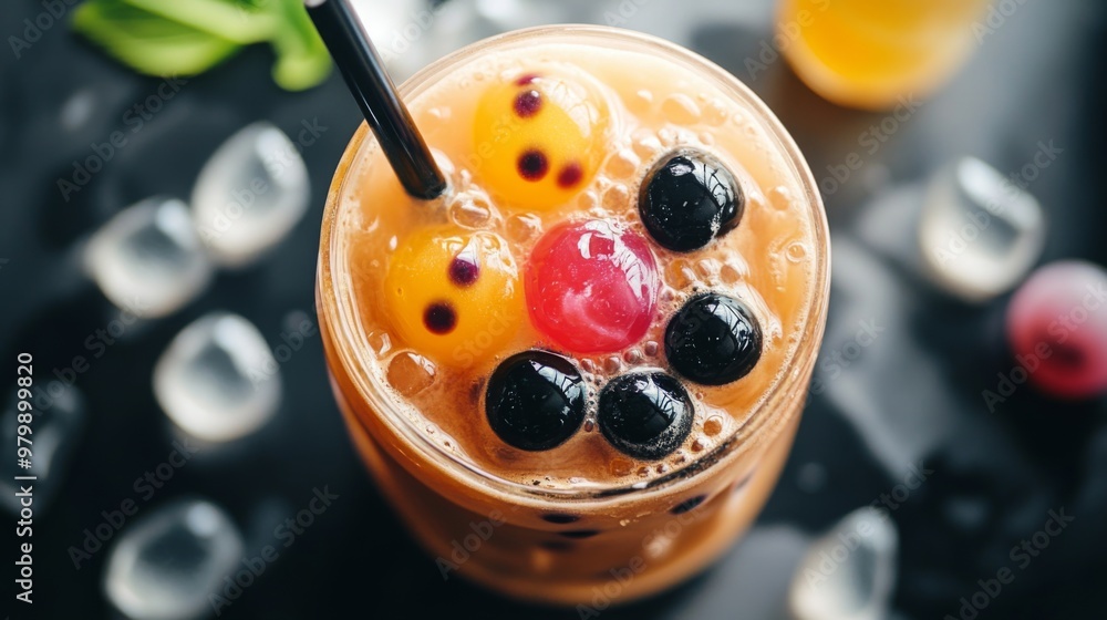 Aufkleber An overhead view of a bubble tea with a variety of toppings, such as fruit jelly and popping boba, arranged artistically on a flat surface with a decorative background.