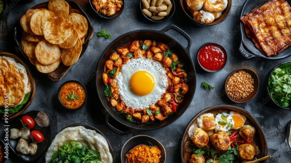 Poster An overhead view of a breakfast spread featuring with a focus on the small pan and its delicious contents, surrounded by additional Thai breakfast dishes