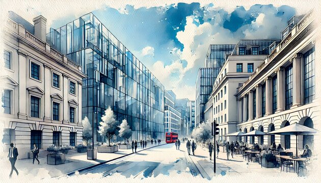 A watercolor painting of LSE, featuring a mix of modern and historic buildings, students, and a vibrant city setting.