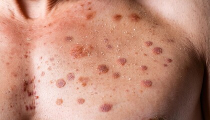 Fototapeta premium Close-up of Inflamed Red Plaques on Skin. Dermatological Symptoms of Psoriasis or Eczema Showcasing Red, Raised, Scaly Patches on Light Skin, Depicting a Severe Skin Condition. Allergic Reaction