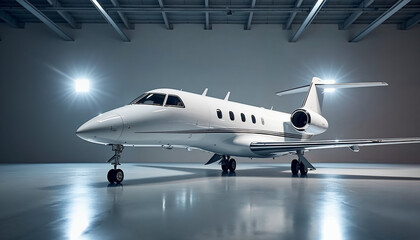Fototapeta premium Sleek private jet in a spacious hangar, perfect for a high-end advertisement setting.